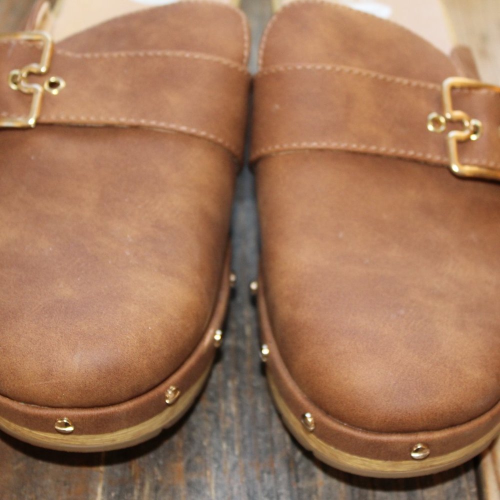 SALE! Dr. Scholl's Faux Wooden Bottom Classic Clogs Honey & Gold size 9 M NWT's - Picture 4 of 13